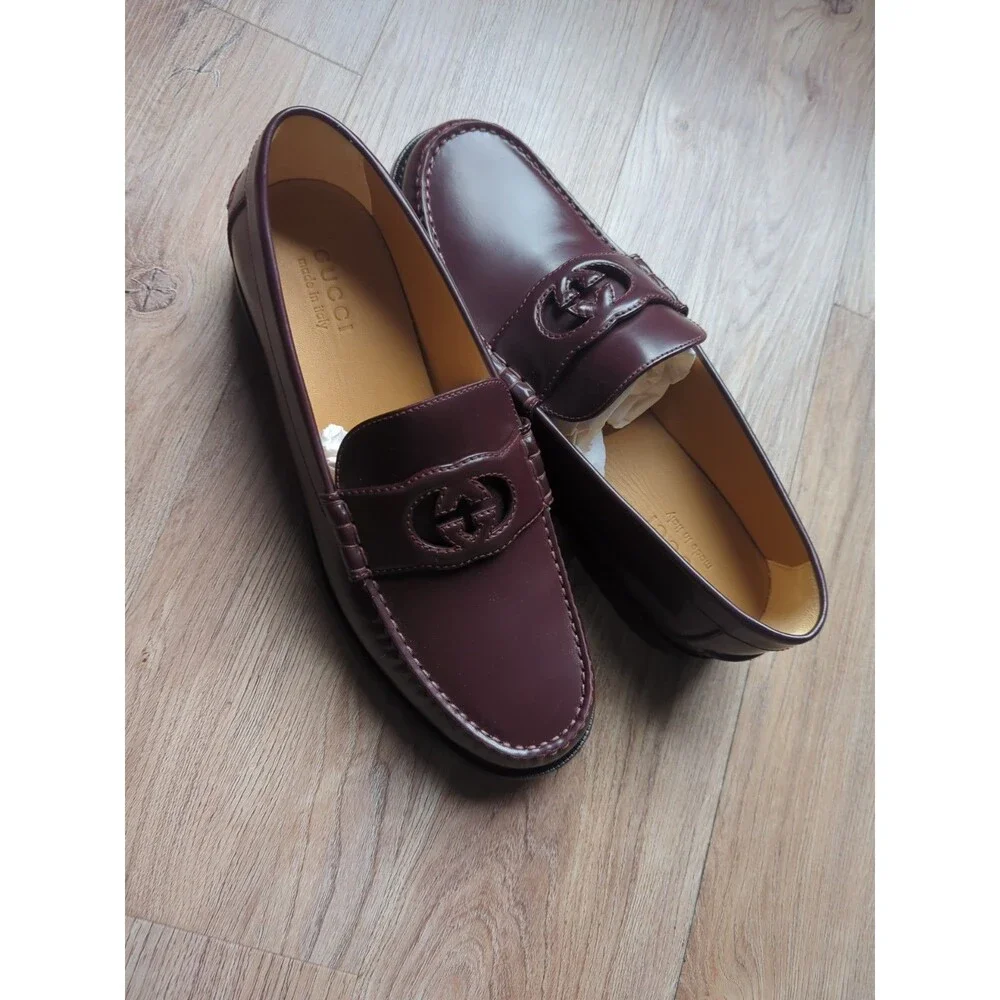 Gucci GG Interlocking Leather Loafers Bordeaux Mens 10